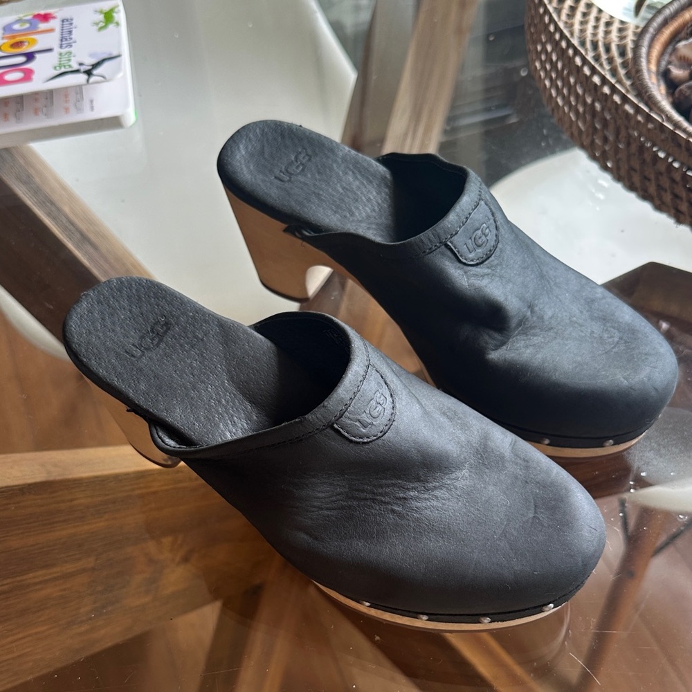 UGG Black Leather Studded Clogs Wooden heel